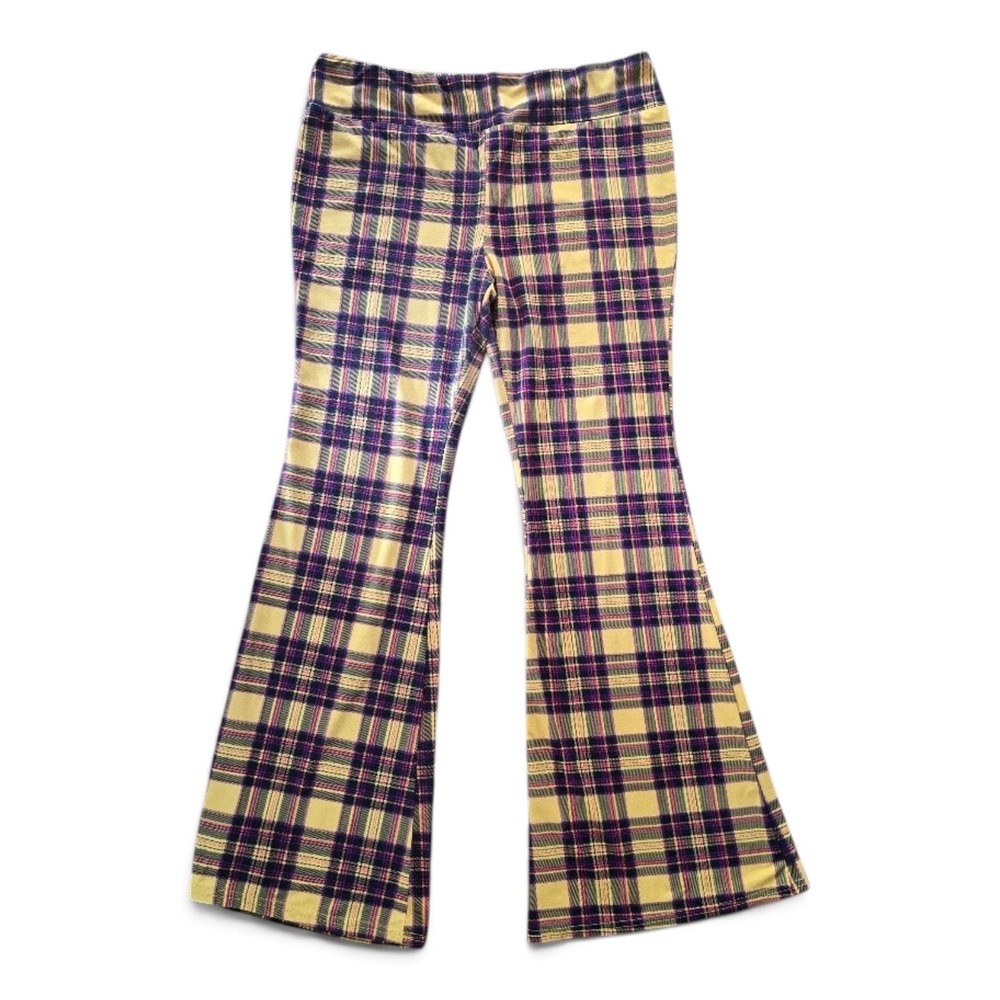 NoBo Yellow Plaid Flare Leggings Pants High Rise Women 3XL 90s Grunge Retro Punk